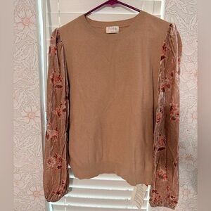 Fate Women's Brown Top with Floral Velvet Sleeves